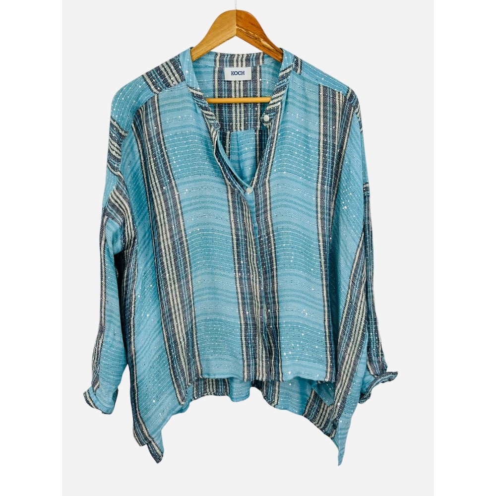 KOCH Erica Top Blue Striped Sequin Cotton Blend Blouse OS